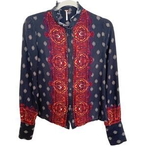 Free People Navy Wishing Well Border Button Down Top Small